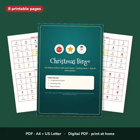 Christmas Bingo – 12 Printable Picture Cards + Calling Cards