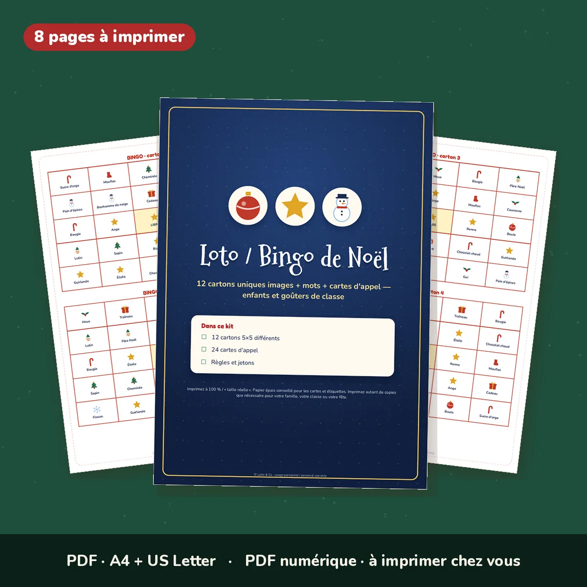 Bingo / loto de Noël à imprimer – 12 cartons illustrés