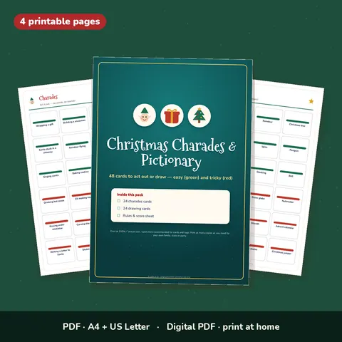 Christmas Charades & Pictionary Cards – 48 Printable Cards