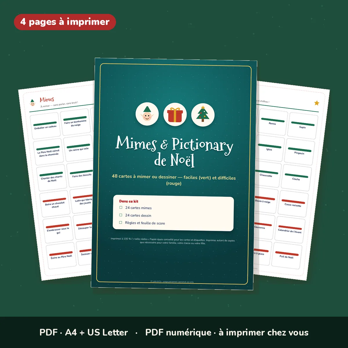 Mimes et Pictionary de Noël – 48 cartes à imprimer