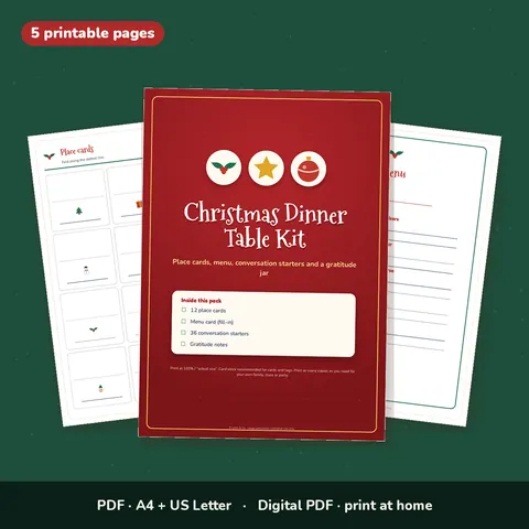 Christmas Dinner Table Kit – Place Cards, Menu & Conversation Starters