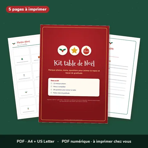 Kit table de Noël – Marque-places, menu et questions pour le repas