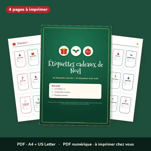 Étiquettes cadeaux de Noël à imprimer – 36 étiquettes, 12 modèles