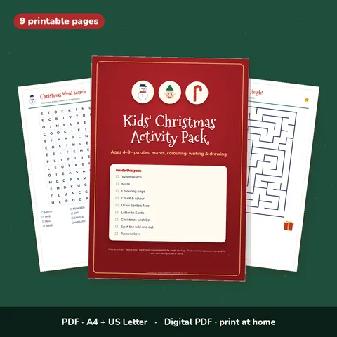 Kids' Christmas Activity Pack – Printable Puzzles, Maze & Colouring (Ages 4–9)